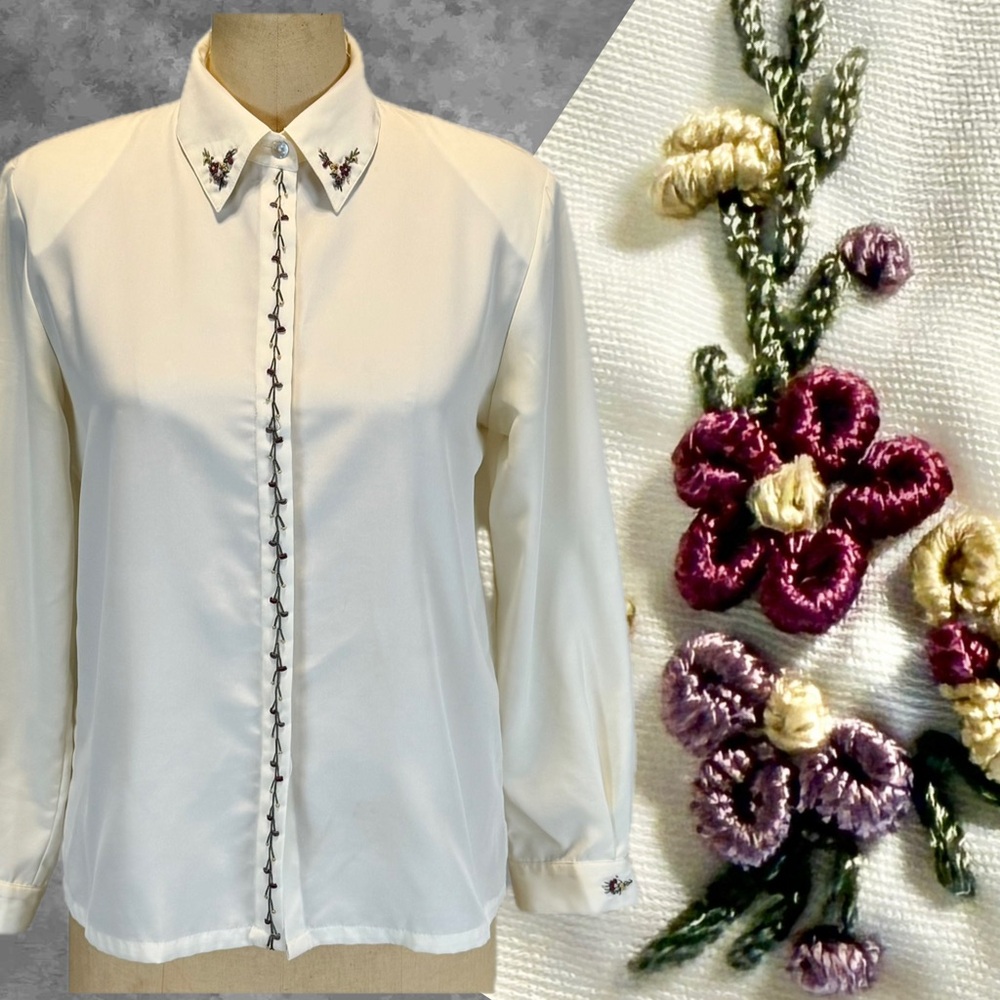 VINTAGE‎ 90s flower vine embroidered button down blouse shirt floral wildflower